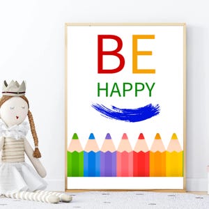 Be Happy Art Print - Bunte Bleistift Illustration, Positives Zitat für Kinderzimmer oder Kinderzimmer | Mini Motto Serie | Nur drucken.