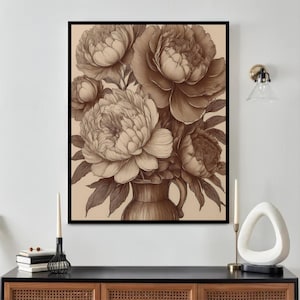 Lámina de hortensia para pared: ilustración de jarrón en tonos beige y marrón / Decoración botánica neutra para el hogar / Impresión rústica / Sin marco
