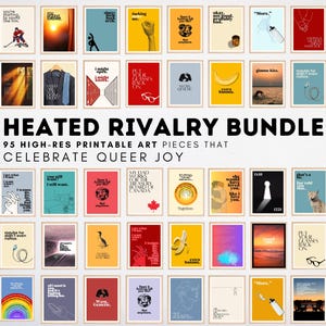 May include: A collection of 48 framed art prints with various designs and quotes, including text that reads "HEATED RIVALRY BUNDLE" and "95 HIGH-RES PRINTABLE ART PIECES THAT CELEBRATE QUEER JOY". The prints feature diverse imagery and colors.