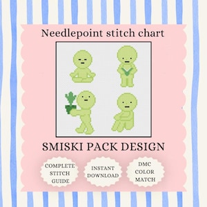 May include: A needlepoint stitch chart featuring a Smiski pack design with four light green figures in various poses. The text reads Needlepoint stitch chart, SMISKI PACK DESIGN, COMPLETE STITCH GUIDE, INSTANT DOWNLOAD, and DMC COLOR MATCH.