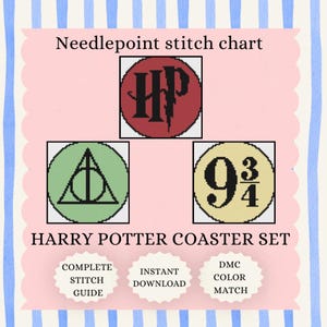 May include: A needlepoint stitch chart for a Harry Potter coaster set featuring three circular designs: a red circle with black HP letters, a green circle with a black triangle symbol, and a yellow circle with the black text 9 3/4.