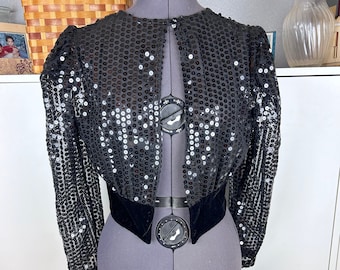 Veste de soirée noire à sequins des années 1980 sz