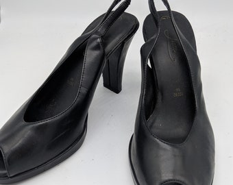1990's Black Faux Leather Peep Toe Pumps sz 7.5