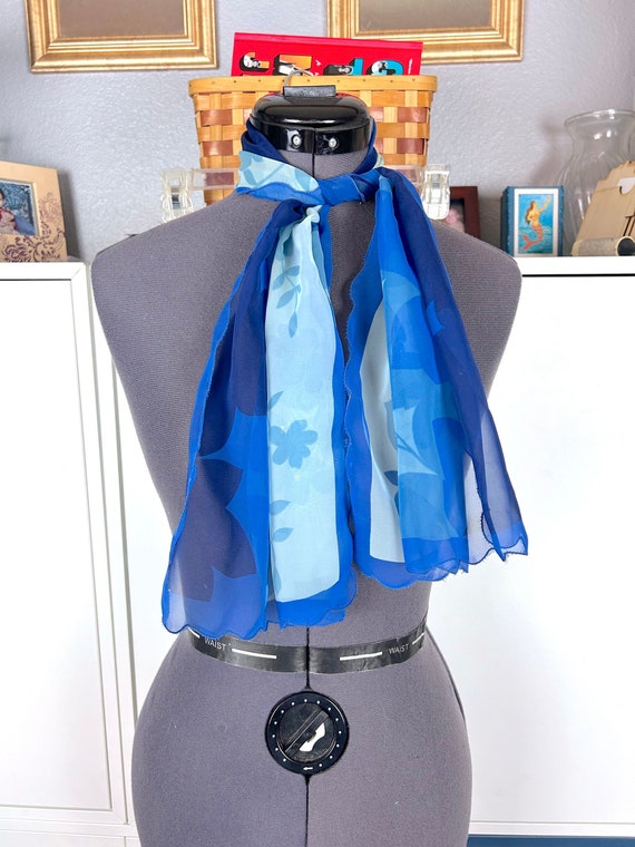 1970's Blue Floral Sheer Scalloped Scarf - image 1