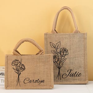 Custom Name Jute Bag,Personalised Burlap Tote Bag,Birth Flower Tote Bag,Bridesmaid Gift,Birthday Gift,Bridal Party Gift,Mother's Day Gift