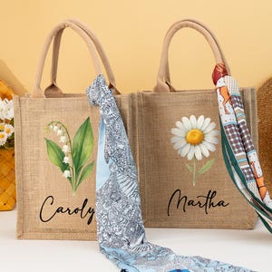 Bolsas de arpillera con flores de nacimiento, bolsas de arpillera con nombre personalizado, bolsa de dama de honor, regalo para mujer, regalo de cumpleaños para ella, regalo para el Día de la Madre