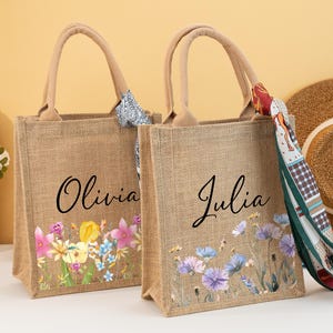 Personalised Burlap Tote Bag,Birth Flower Tote Bag with Scarf,Floral Name Jute Bag,Birthday Party Gift,Wedding Bridesmaid Bag,Beach Tote Bag