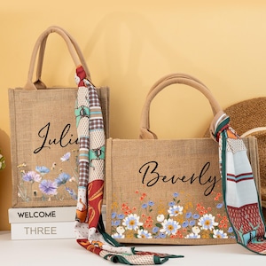 Personalised Burlap Tote Bag with Scarf,Custom Floral Name Burlap Bag for Her,Bachelorette Party Bag,Bridesmaid Tote Bag,Bridesmaid Gifts
