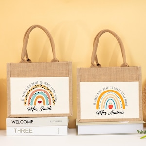 Custom Teachers Burlap Tote Bag,Personalised Teacher Stuff Bag,Rainbow Teacher Tote Bag,Teacher Appreciation Gift,Thank You Teacher Present