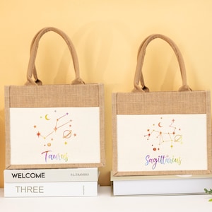 Personalisierte Sternzeichen Jute Taschen, Benutzerdefinierte NameTote Taschen mit Konstellation, Brautjungfer Geschenke, Geschenke für Sie, Brautparty, Muttertagsgeschenke