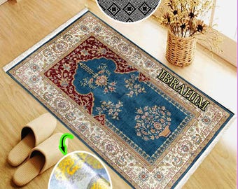 Personalize Velvet Silk Turkish Prayer Rug With Leather Backing, Non slip Name Embroidery Prayer Mat, Islamic Gift Praying Carpet