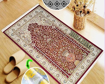Personalize Velvet Silk Turkish Prayer Rug With Leather Backing, Non slip Name Embroidery Prayer Mat, Islamic Gift Praying Carpet