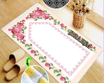 Personalize Velvet Silk Turkish Prayer Rug With Leather Backing, Non slip Name Embroidery Prayer Mat, Islamic Gift Praying Carpet