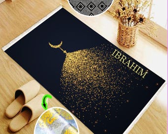 Personalize Velvet Silk Turkish Prayer Rug With Leather Backing, Non slip Name Embroidery Prayer Mat, Islamic Gift Praying Carpet