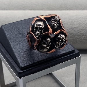 Handmade Silver Skull Ring, Hammered Five Skull Head Ring, Heavy Hammered Skull Ring, Silver Biker Jewelry, 925k Silver, Halloween Gift