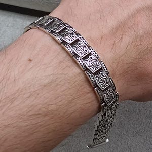 925 Sterling Silver Tribal Link Bracelet for Men – Handmade Ethnic Patterned Chain, Gift for Him, Gothic Jewelry