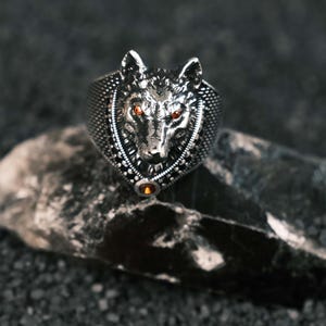 Handmade Sterling Silver Wolf Head Ring - Men&#39;s Statement Jewelry