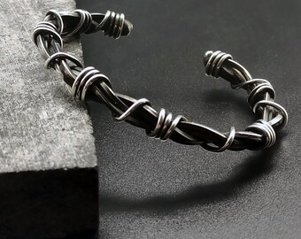 Handmade Oxidized Sterling Silver Barbed Wire Cuff Bracelet