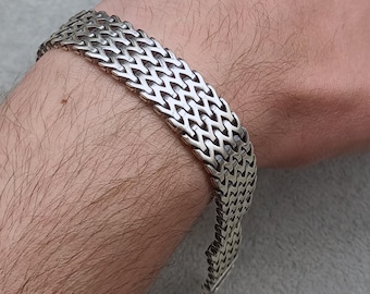925 Sterling Silver Woven Chain Bracelet for Men, Thick Solid Silver Bracelet, Handmade Gift Jewelry, Not Adjustable, Bold Design