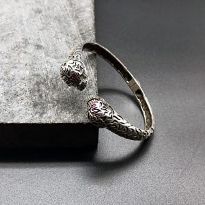 Sterling Silver Tiger Head Cuff Bracelet for Men – 925 Silver Viking Bangle with Tribal Carving, Gift For Him