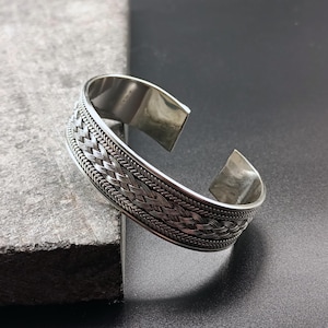 Vintage Braided Sterling Silver Cuff Bracelet – Handcrafted 925 Silver Wide Bangle, Bohemian Tribal Jewelry, Unisex Gift Idea