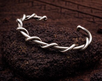 925 Sterling Silver Twisted Cuff Bracelet, Handmade Minimal Mens Silver Open Bangle