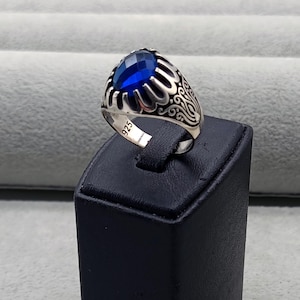 Men Silver Sapphire Blue Stone Ring, Vintage Handmade Turkish Ring, Ottoman Style Ring , 925k Sterling Silver Ring, Gift For Him, Men Gift