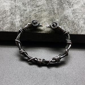 Handmade 925 Sterling Silver Ram Head Viking Bracelet for Men - Twisted Wire Norse Style Cuff - Unique Masculine Jewelry Gift
