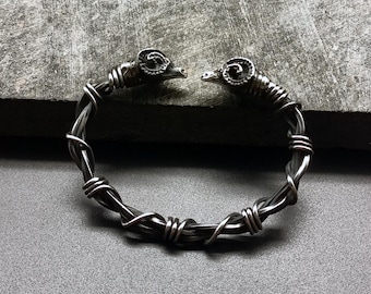 Handmade 925 Sterling Silver Ram Head Viking Bracelet for Men - Twisted Wire Norse Style Cuff - Unique Masculine Jewelry Gift
