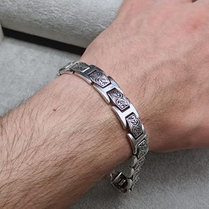 Handmade Engraved Sterling Silver Bracelet: Heavy Link Chain, Gold Accents