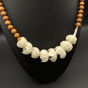 Pikake Flower Collection - Single Strand Pikake Lei Sandalwood Bead Necklace 8 Flower w/14k Gold Plated Spacer Beads