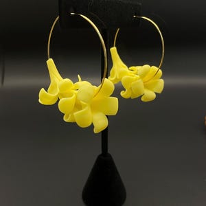 Puakenikeni Collection - Triple Yellow Puakenikeni Flowers on 14k Gold Plated Wire Hoop Earrings