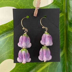 Crown Flower Collection - 2 Inch Double Purple Crown Flower Dangle 14k Gold Plated Earrings