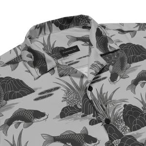 Koi Fish Button Up, Hawaiian Shirt, Mens Tropical Aloha Top, Summer Beach Camp Blouse, Fisherman Gift, Hawaiian Party Attire