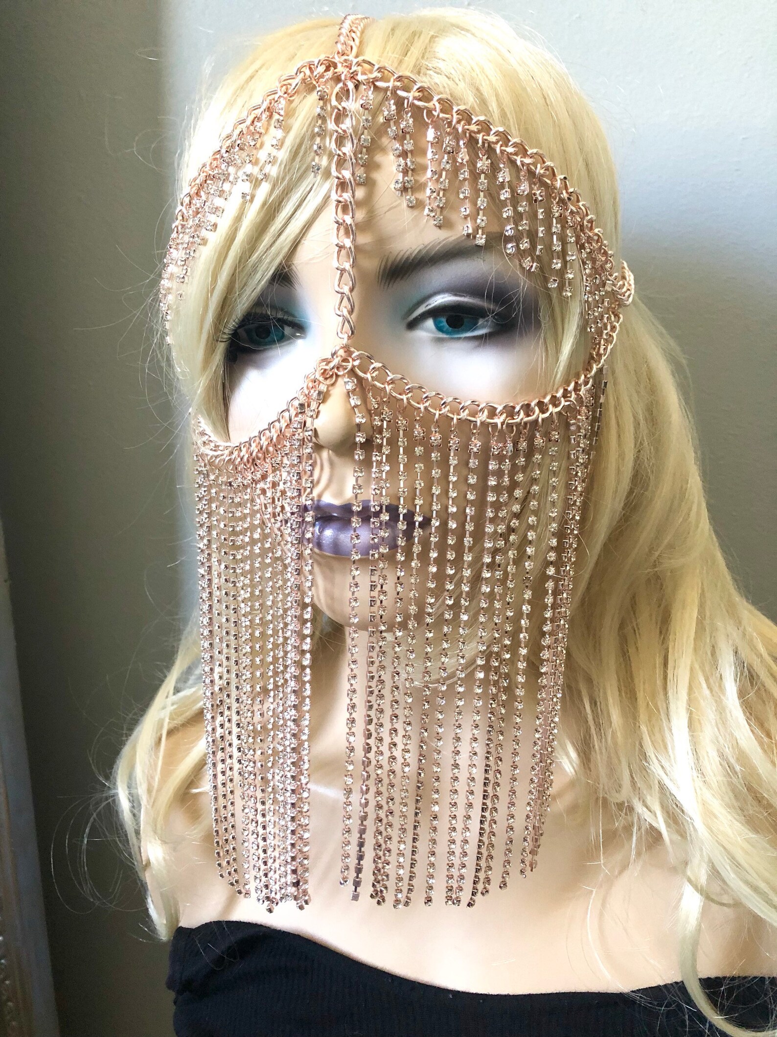Gold Rhinestone Face Veil Mask Hair Fringe Accessory Chain Etsy