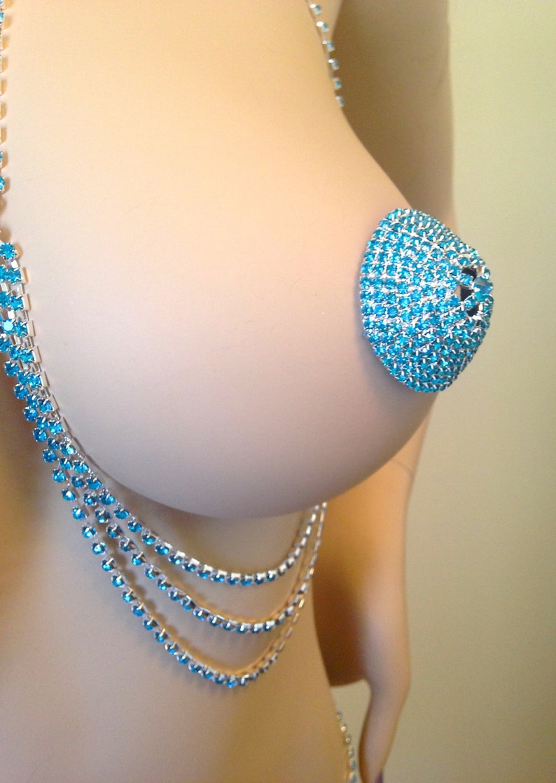 Rhinestone Aqua Blue nipple pastie covers tassels lingerie Etsy