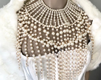 Stunning pearl collar necklace bib bridal body jewelry wedding bride gold chain boho Black Gold Ivory Cream