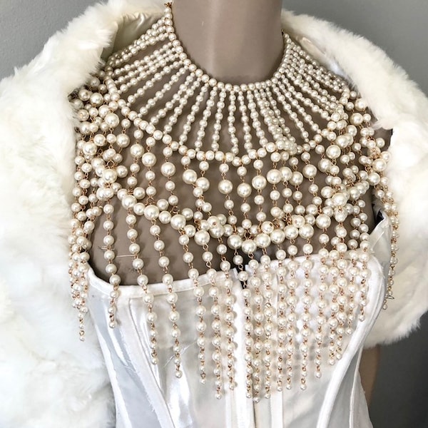 Stunning pearl collar necklace bib bridal body jewelry wedding bride gold chain boho Black Gold Ivory Cream