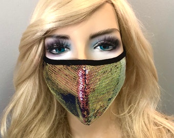 Sequin face mask lined black inside pocket for filter iridescent  shimmer pink and blue stretch adjust straps