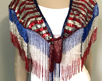 USA Red Blue Silver star stripe shawl 4th of July wrap shoulder shrug bead fringe sequin Patriotic