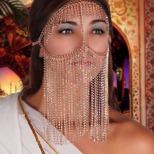 Rhinestone face veil mask hair fringe rose gold chain jewelry head dress masquerade mardi gras
