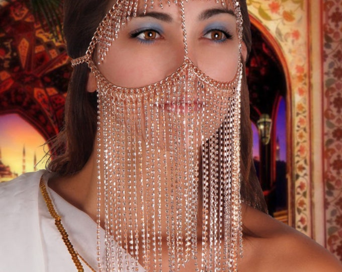 Gold Rhinestone Face Veil Mask Hair Fringe Accessory Chain Jewelry Head