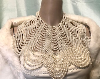 Pearl bib necklace ball drop earring set scallop drape ivory cream gold chain jewelry bride wedding accessory