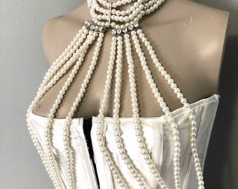 Bride Ivory pearl rhinestone body chain choker necklace jewelry lingerie bridal harness Boho bead
