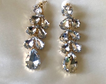 Rhinestone teardrop gold earrings bold gem bridal dangle cluster