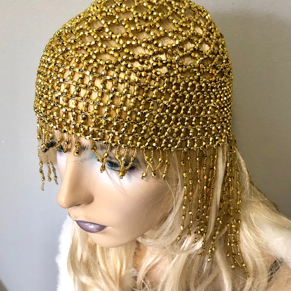 Gold bead headdress hat headpiece gatsby flapper 1920's party fringe boho silver