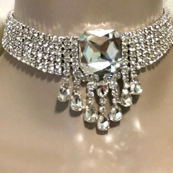 Rhinestone choker necklace chain crystal bridal wedding jewelry square tear drop bold boho