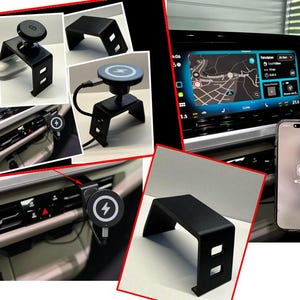May include: Black car phone mount with a wireless charging pad. The mount has a bracket design and is shown in various positions within a car's interior. A smartphone with a CarPlay interface is also visible.