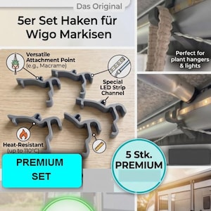 Könnte beinhalten: Ein 5er-Set graue Kunststoffhaken für Wigo-Markisen mit der Aufschrift DreiD2Go. Die Haken verfügen über einen speziellen Kanal für LED-Streifen und einen vielseitigen Befestigungspunkt für Gegenstände wie Makramee. Hitzebeständig bis 110°C.