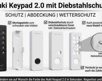 Op de afbeelding: Een zwart Nuki Keypad 2.0 en diverse witte beschermhoezen met antidiefstalbeveiliging. De afbeelding toont montageplaten, opschroefbare covers en roestvrijstalen schroeven. De tekst bevat Nuki Keypad 2.0 mit Diebstahlschutz, SCHUTZ, ABDECKUNG, WETTERSCHUTZ en aanvullende Duitse beschrijvende tekst.